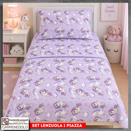 Set Lenzuola Una Piazza Unicorno in Cotone No Stiro